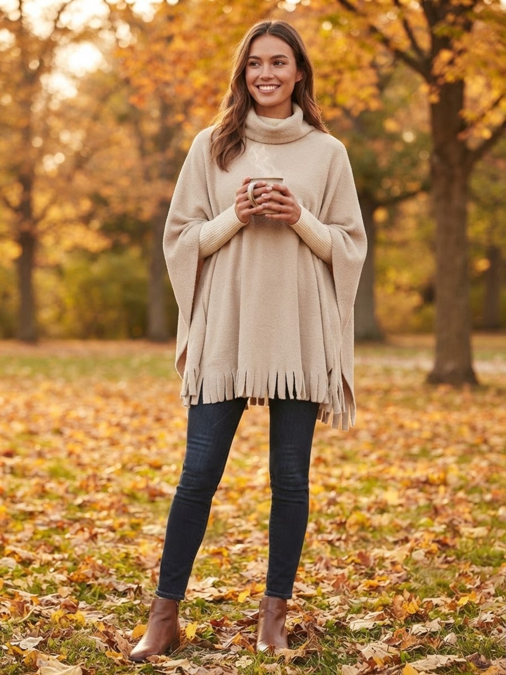 Beige Fleece Poncho with Fringe Hem Women OS Penmans